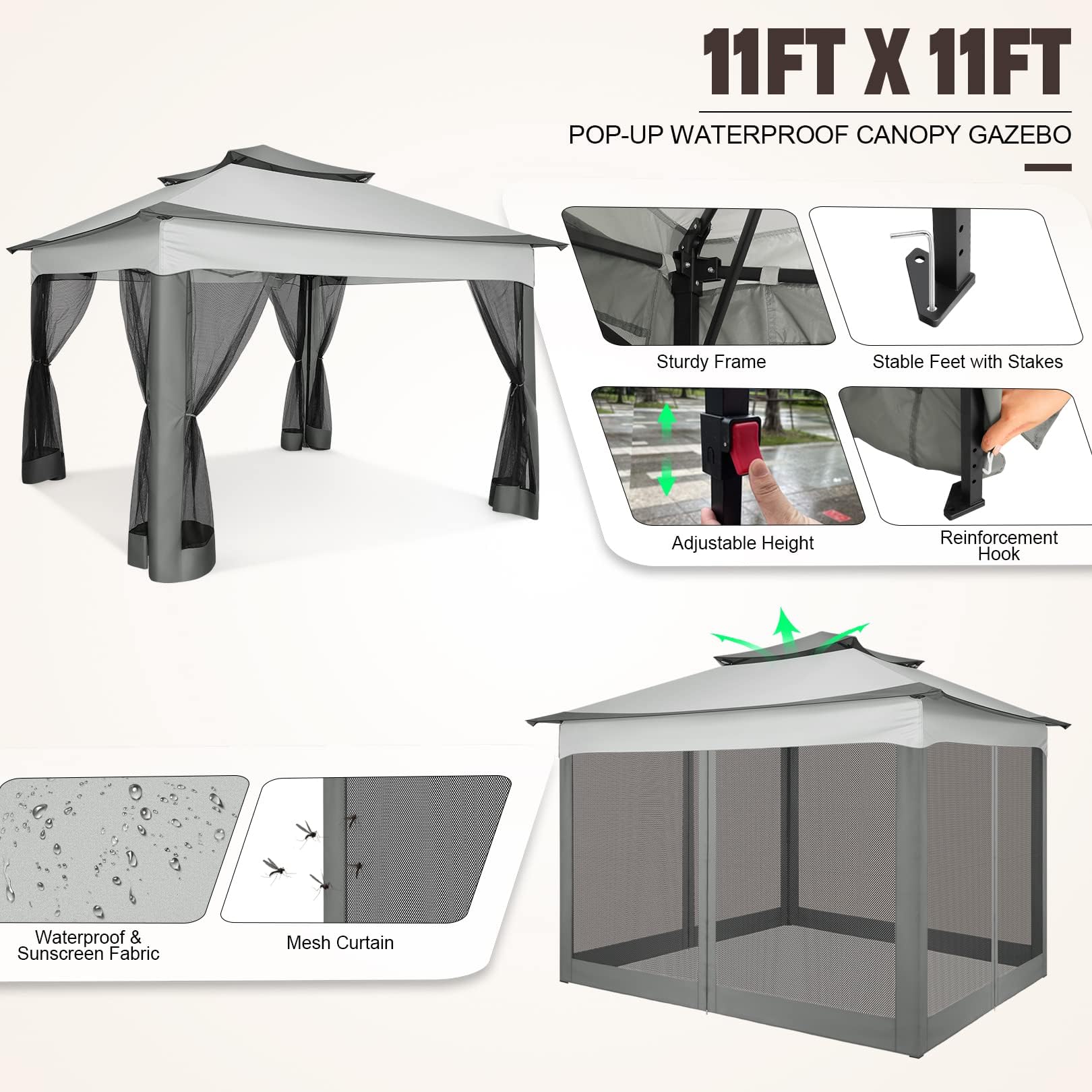 Outdoor Canopy Gazebo 11x11 Pop Up Gazebo Patio Gazebo with Mosquito Netting Outdoor Canopy Shelter
