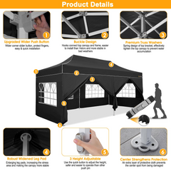 HOTEEL Tents for Parties, 10x20 Pop Up Canopy Tent Heavy Duty with 6 Sidewalls, Commercial Outdoor Canopy Tents for Event Wedding, All Season UV 50+& Waterproof with Roller Bag, Thickened Legs, Black
