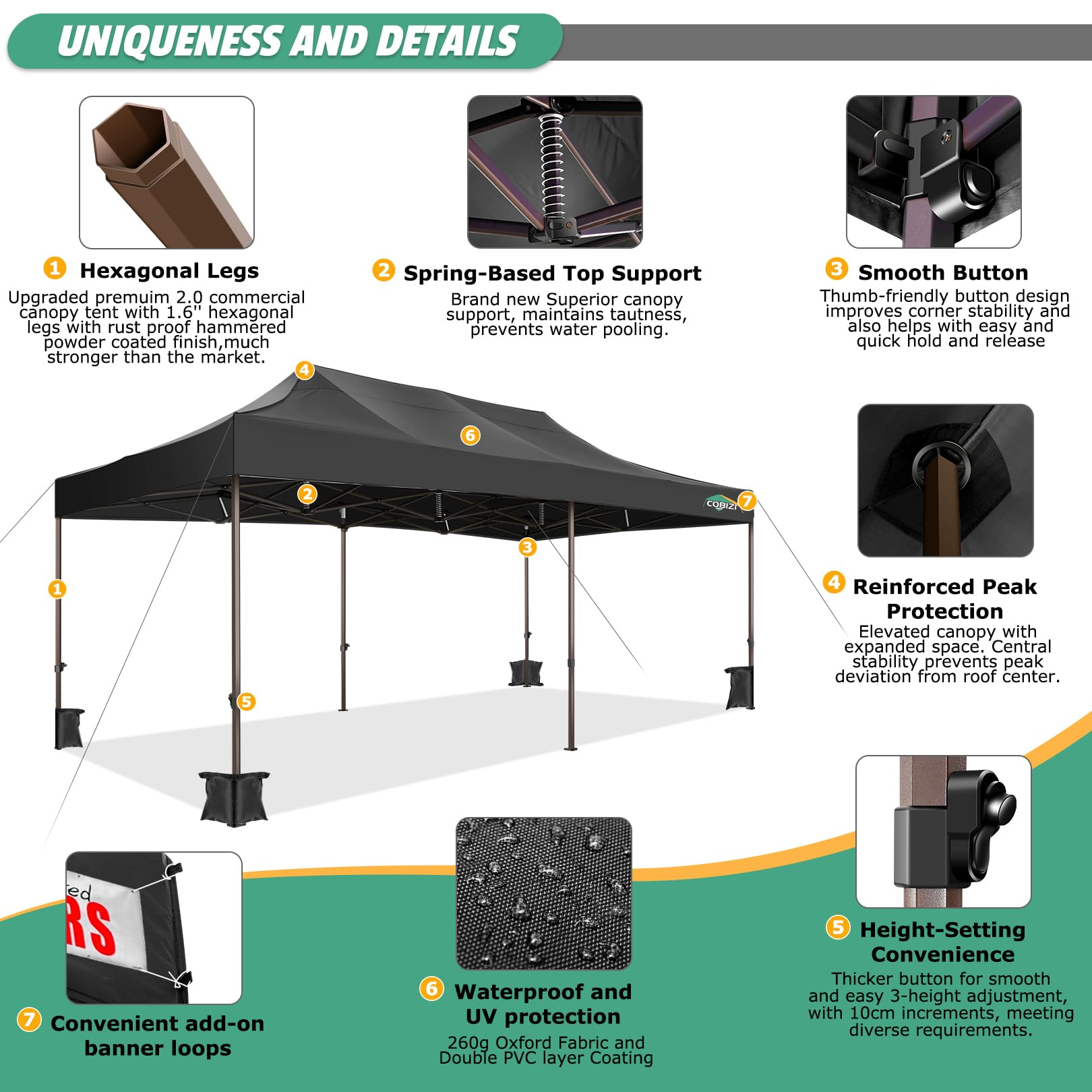 COBIZI 10x20 Pop Up Canopy Tent Heavy Duty with 6 Removable Sidewalls, Commercial Heavy Duty Pop Up Tent for Parties All Weather Waterproof and UV 50+ Wedding Tent with Roller Bag(Legs Upgraded)