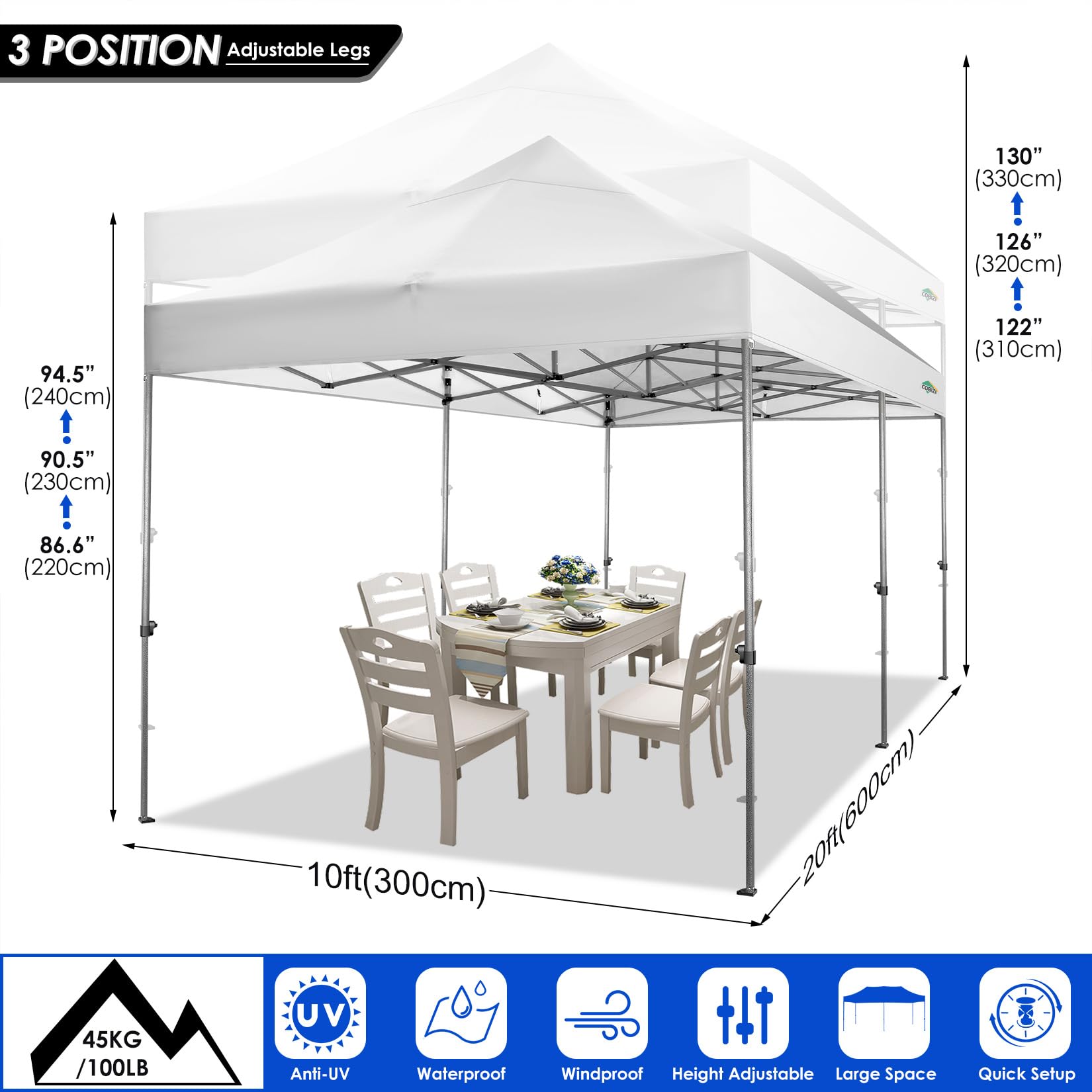 COBIZI 10'x20' Canopy Easy Pop Up Canopy Anti-UV Waterproof Outdoor Tent