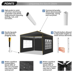 YUEBO 10'x10' Outdoor Pop Up Canopy Tent Commercial Instant Canopies Heavy Duty Shelter with Roller Bag, Bonus 4 Sand Bags, 4 Removable Sidewalls & Carrying Bag for Wedding Picnics Camping (Black)