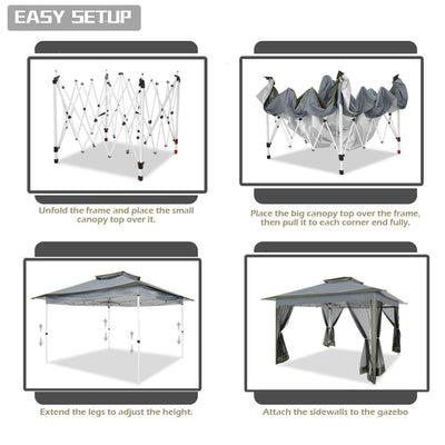 HOTEEL 12x12 Outdoor Pop-up Gazebo Canopy with Mosquito Netting 2-Tiered Vented Top 3 Adjustable Height for Backyard, Garden, Lawn,Light Grey