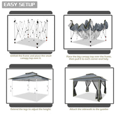 HOTEEL 12x12 Outdoor Pop-up Gazebo Canopy with Mosquito Netting 2-Tiered Vented Top 3 Adjustable Height for Backyard, Garden, Lawn,Light Grey