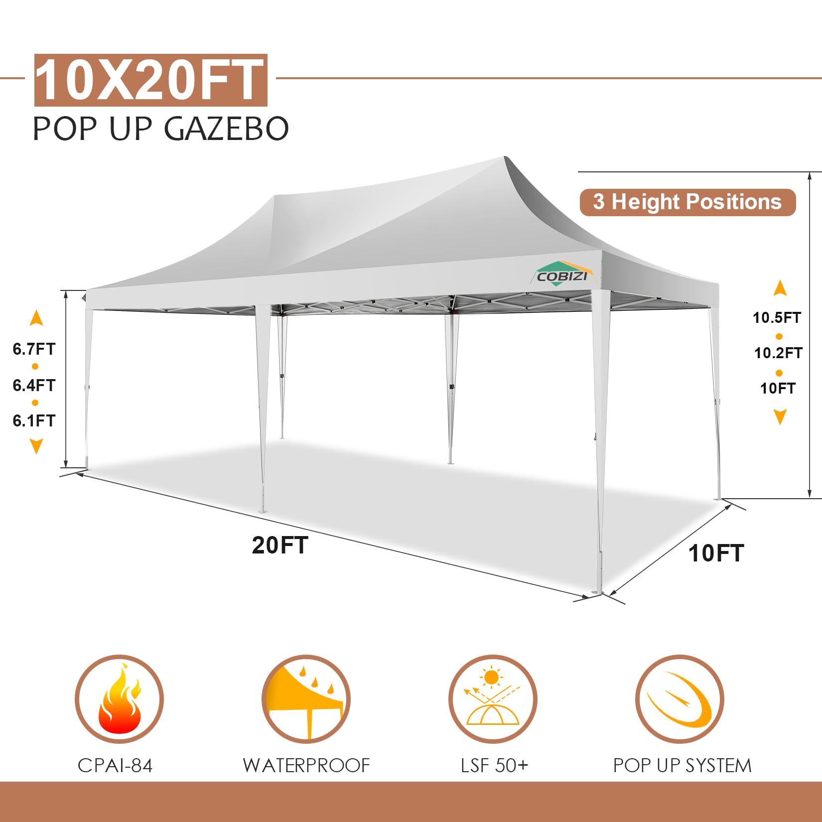 COBIZI 10x20 Pop up Canopy Gazebo, Outdoor Canopy Tent with 6 Removable Sidewalls, Easy up Sun Shade UV Blocking Waterproof Outdoor Tent for Backyard, Parties, Wedding, Birthday, BBQ, White