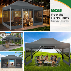 COBIZI 10‘x15’ Heavy Duty Canopy Tent, Pop up Gazebo with Netting Screened ,Waterproof Ez up Canopy with Sidewalls, Outdoor Instant Party Tent for Backyard,Gray