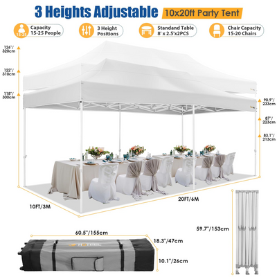 HOTEEL 10x20 Pop up Canopy Tent with 6 Sidewalls Heavy Duty Party Tent Easy Up Commercial Canopy Tents for Parties with Waterproof & UV 50+ Roller Bag Sand Bags, White (Upgraded Frame & Windprood)