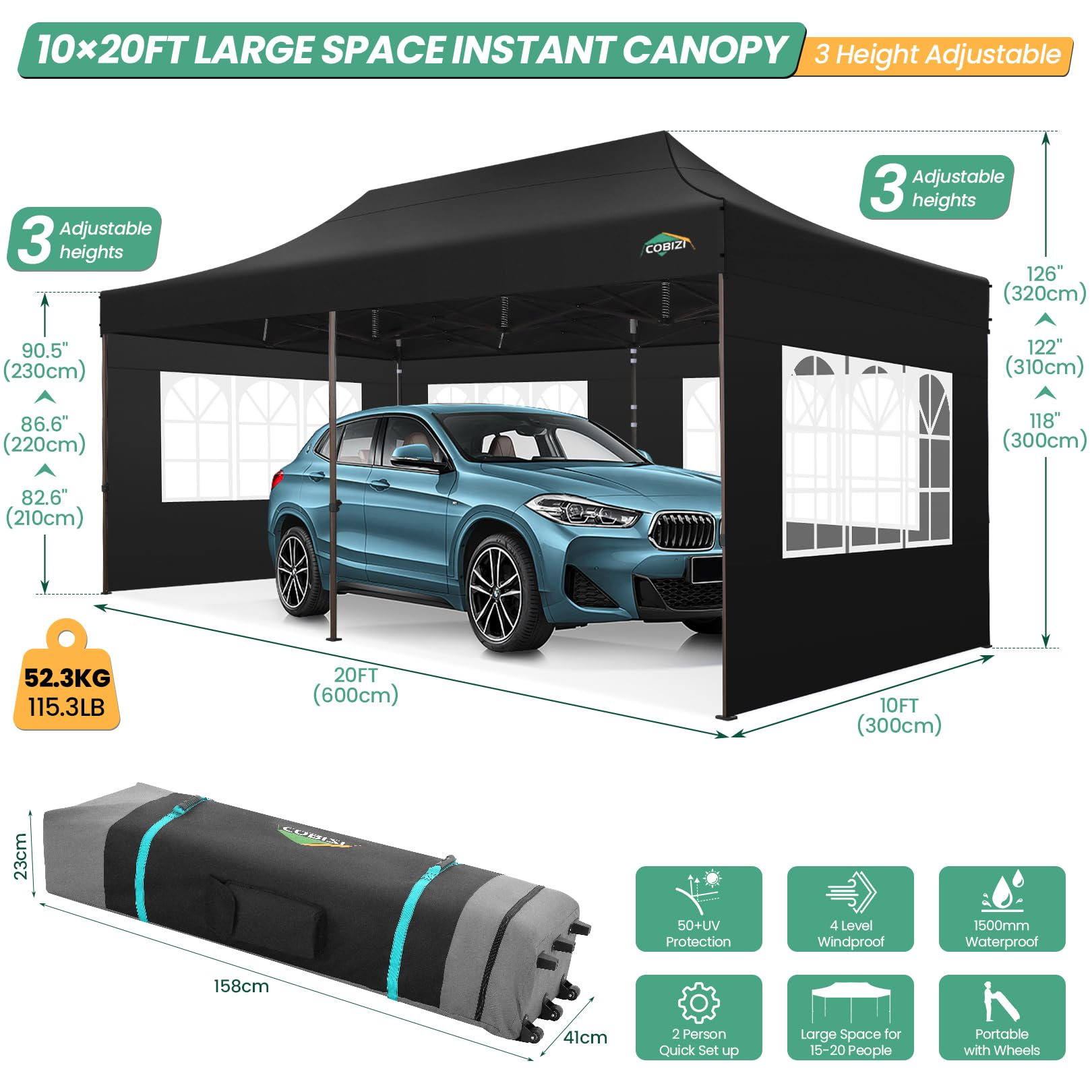 COBIZI 10'x20' Heavy Duty Canopy with Sidewalls, Ez Pop up Canopies, Folding Protable Party Tent, Outdoor Sun Shade Wedding Gazebos with Roller Bag,Black