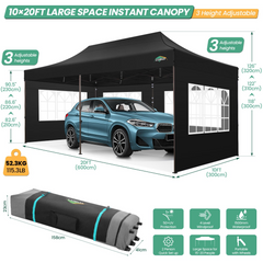 COBIZI 10'x20' Heavy Duty Canopy with Sidewalls, Ez Pop up Canopies, Folding Protable Party Tent, Outdoor Sun Shade Wedding Gazebos with Roller Bag,Black
