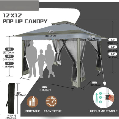 HOTEEL 12x12 Outdoor Pop-up Gazebo Canopy with Mosquito Netting 2-Tiered Vented Top 3 Adjustable Height for Backyard, Garden, Lawn,Light Grey