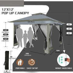 HOTEEL 12x12 Outdoor Pop-up Gazebo Canopy with Mosquito Netting 2-Tiered Vented Top 3 Adjustable Height for Backyard, Garden, Lawn,Light Grey