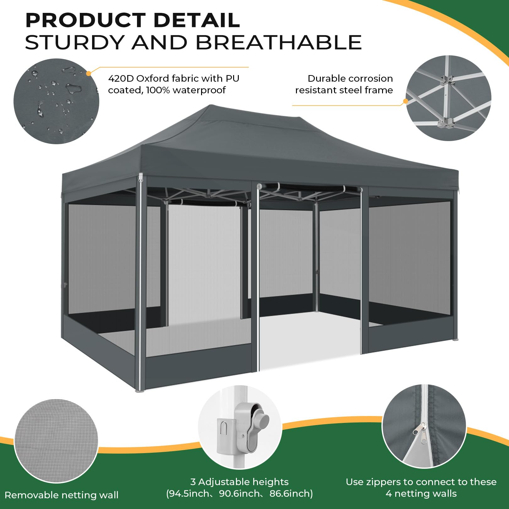 COBIZI 10'x15' Heavy Duty Canopy Tent, Pop up Gazebo with Netting Screened ,Waterproof Ez up Canopy with Sidewalls, Outdoor Instant Party Tent for Backyard,Gray