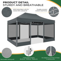 COBIZI 10‘x15’ Heavy Duty Canopy Tent, Pop up Gazebo with Netting Screened ,Waterproof Ez up Canopy with Sidewalls, Outdoor Instant Party Tent for Backyard,Gray