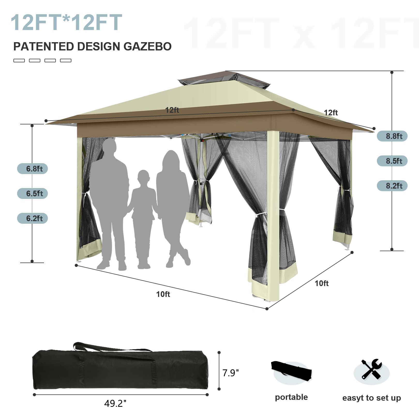 COBIZI 12'x12' Outdoor Pop-up Gazebo Canopy with Mosquito Netting 2-Tiered Vented Top 3 Adjustable Height for Backyard, Garden, Lawn