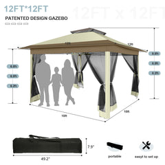 COBIZI 12'x12' Outdoor Pop-up Gazebo Canopy with Mosquito Netting 2-Tiered Vented Top 3 Adjustable Height for Backyard, Garden, Lawn