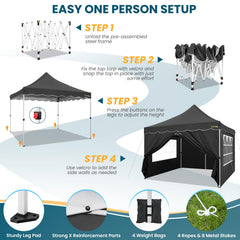 HOTEEL 10x10 Pop Up Canopy , UPF 50+ Easy Setup Canopy Tent Waterproof Outdoor Instant Portable Shelter with 4 Removable Sidewalls, Sandbags, Stakes & Ropes for Party, Events, Vendor