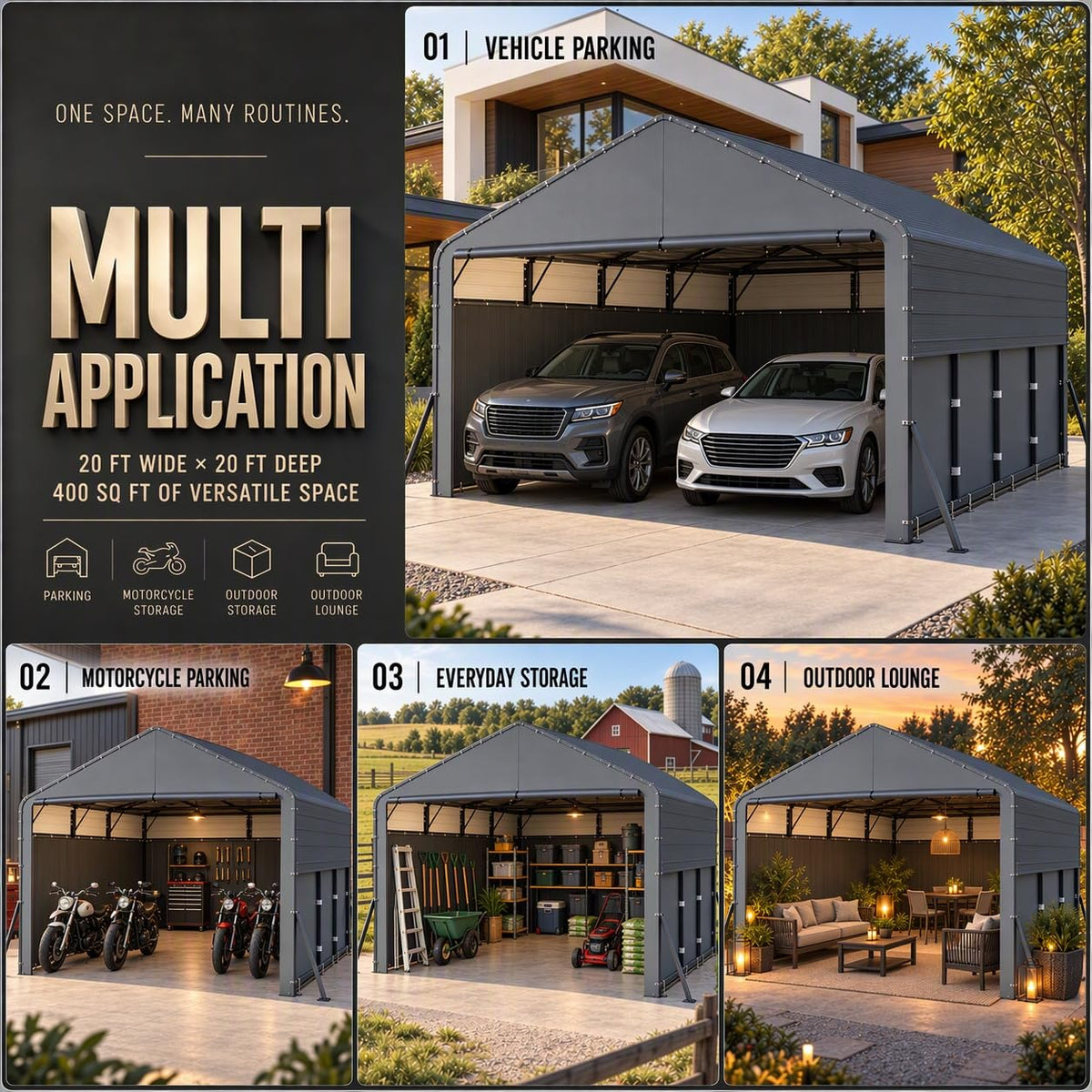 COBIZI 20'x20'  Large Metal Carport with Removable Fabric Sidewalls, SPC327