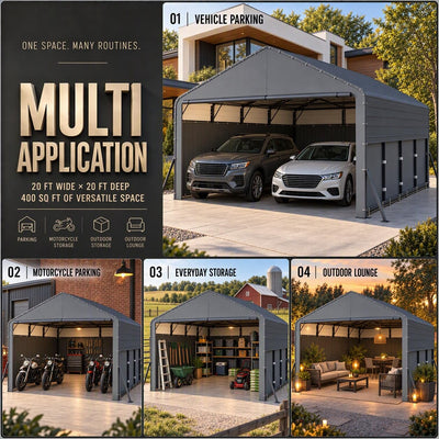 COBIZI 20'x20'  Large Metal Carport with Removable Fabric Sidewalls, SPC327