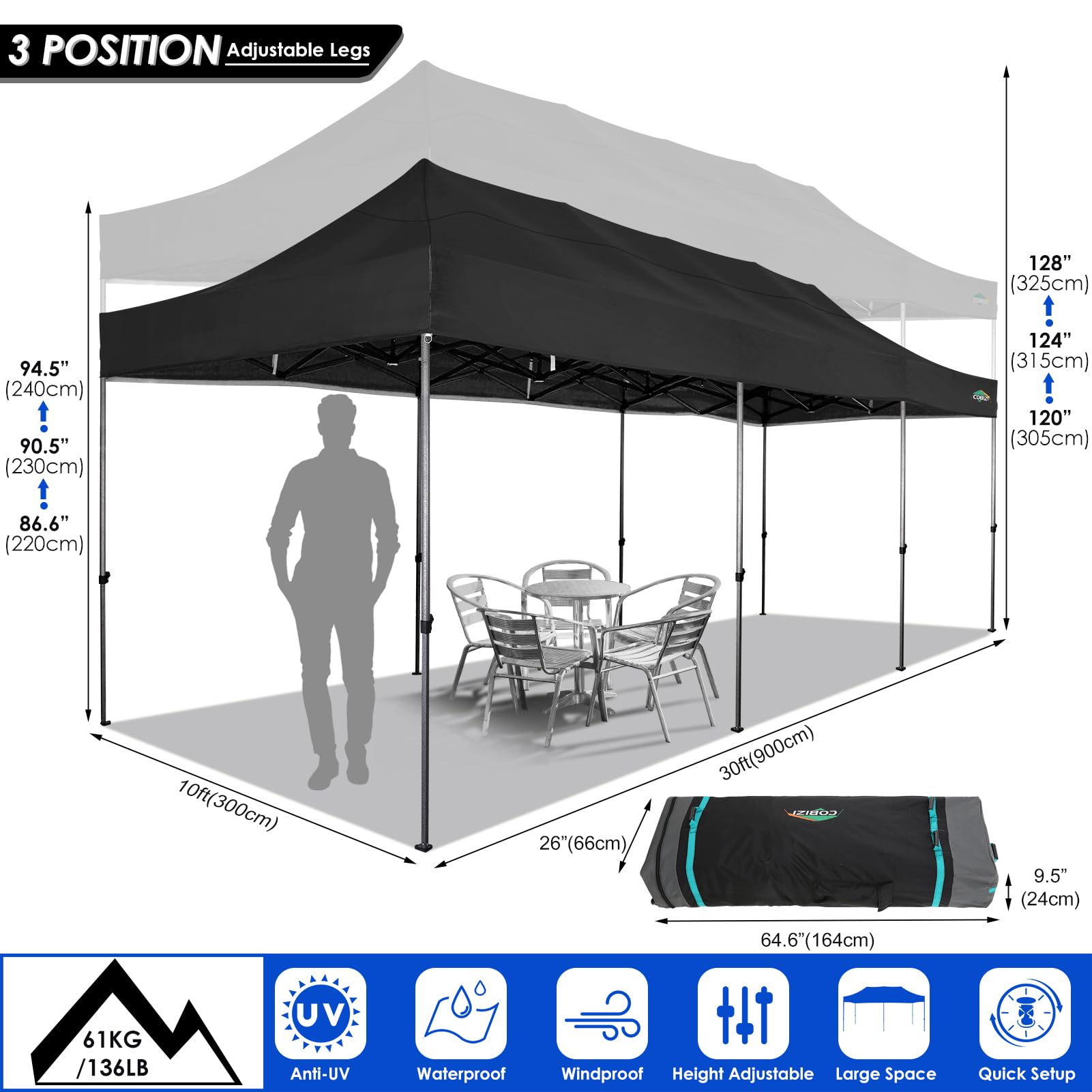 COBIZI 10'x30' Canopy Heavy Duty Pop Up Canopy Tent Outdoor Gazebo Shelter Large Tent for Party Camping