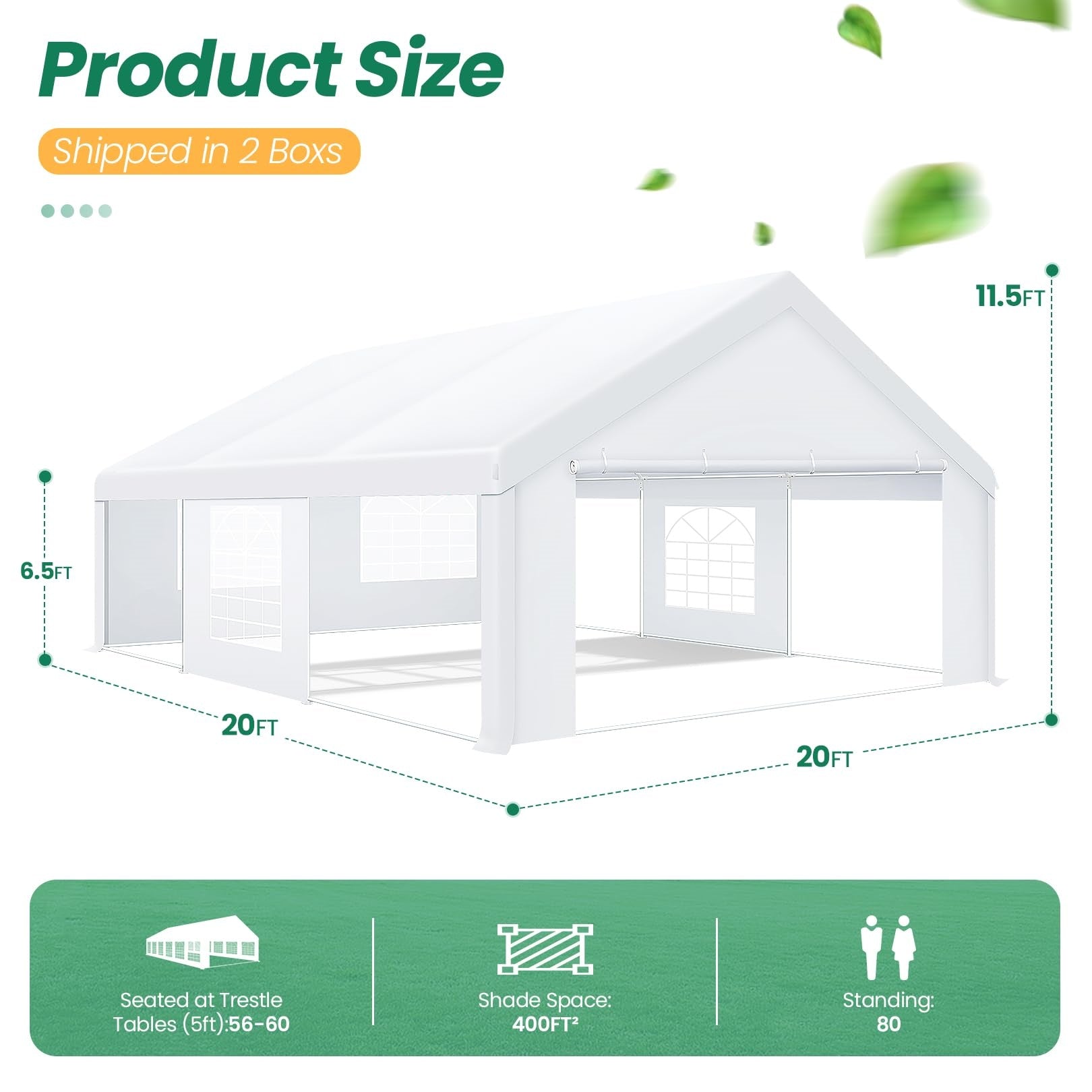 HOTEEL 20x20 Party Tent Heavy Duty with Removable Sidewalls & 4 Built-in Sandbags, Commercial Wedding Large Tent, UV 50+, Waterproof, White
