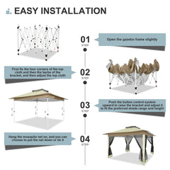 HOTEEL 12'x12' HOME Outdoor Pop-up Patio Gazebo with Expansion Bolts, Heavy Duty Party Tent & Shelter with Double Roofs, Mosquito Nettings and Privacy Screens for Backyard, Garden, Lawn, Khaki