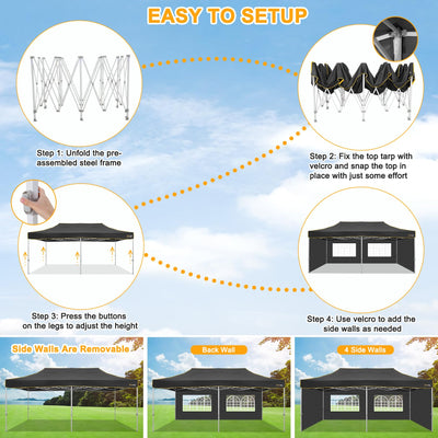 HOTEEL Tents for Parties, 10x20 Pop Up Canopy Tent Heavy Duty with 6 Sidewalls, Commercial Outdoor Canopy Tents for Event Wedding, All Season UV 50+& Waterproof with Roller Bag, Thickened Legs, Black