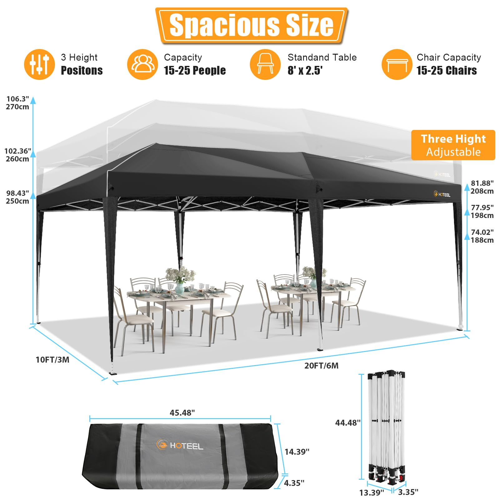 HOTEEL 10x20 Pop Up Canopy with Sidewalls, Easy Up Canopy Tent with Carry Bag, Outdoor Canopies with 4 Sandbags, Large Tents for Outdoor Events, Wedding, Backyard, Commercial, Black