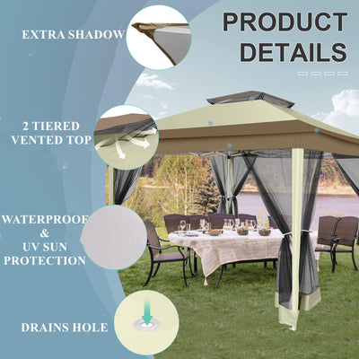 COBIZI 12'x12' Outdoor Pop-up Gazebo Canopy with Mosquito Netting 2-Tiered Vented Top 3 Adjustable Height for Backyard, Garden, Lawn