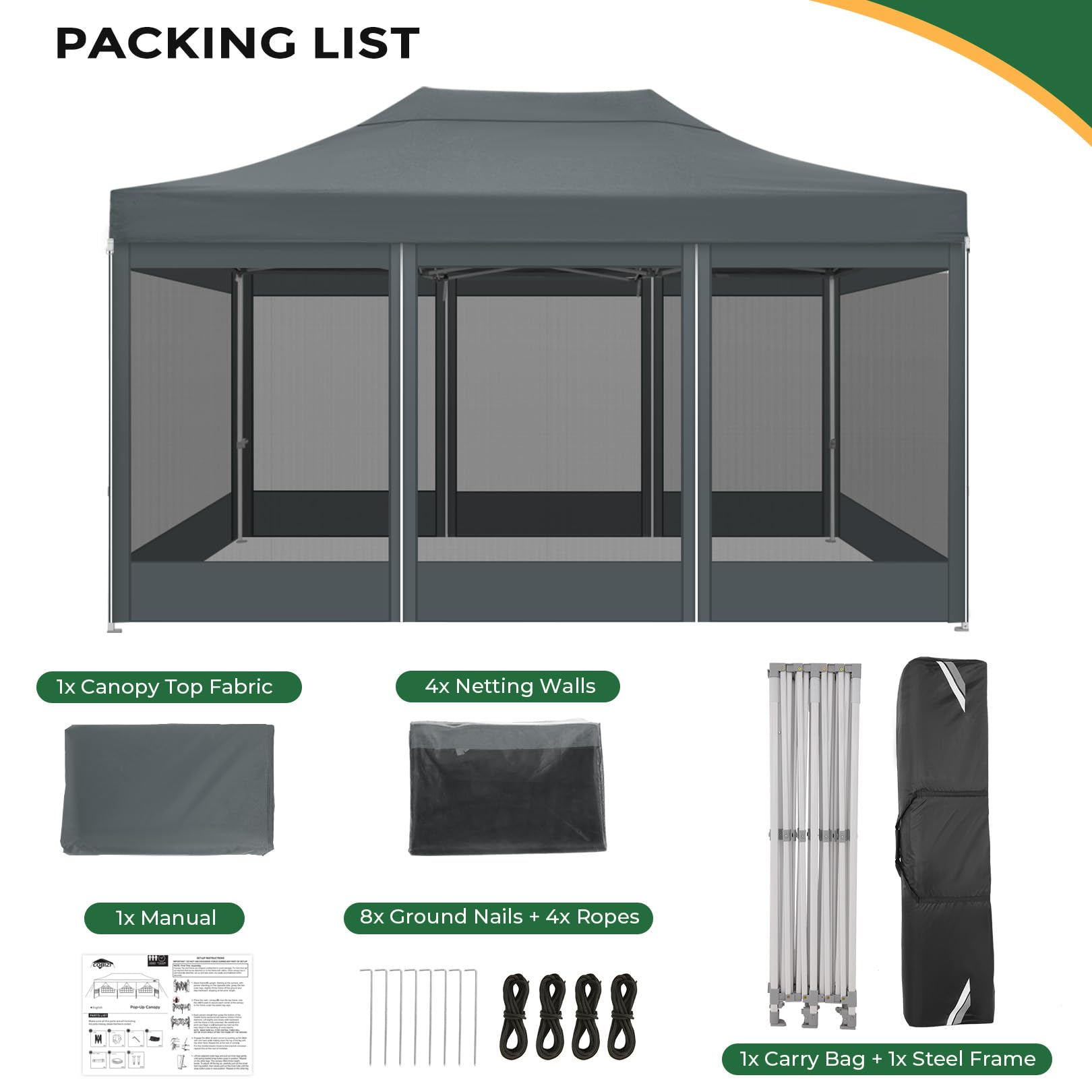 COBIZI 10'x15' Heavy Duty Canopy Tent, Pop up Gazebo with Netting Screened ,Waterproof Ez up Canopy with Sidewalls, Outdoor Instant Party Tent for Backyard,Gray