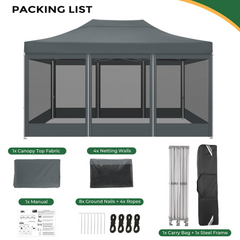 COBIZI 10‘x15’ Heavy Duty Canopy Tent, Pop up Gazebo with Netting Screened ,Waterproof Ez up Canopy with Sidewalls, Outdoor Instant Party Tent for Backyard,Gray