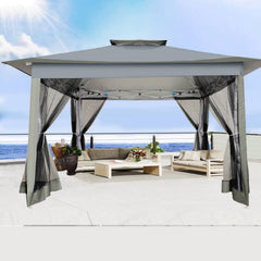 HOTEEL 12x12 Outdoor Pop-up Gazebo Canopy with Mosquito Netting 2-Tiered Vented Top 3 Adjustable Height for Backyard, Garden, Lawn,Light Grey