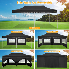 HOTEEL Tents for Parties, 10x20 Pop Up Canopy Tent Heavy Duty with 6 Sidewalls, Commercial Outdoor Canopy Tents for Event Wedding, All Season UV 50+& Waterproof with Roller Bag, Thickened Legs, Black
