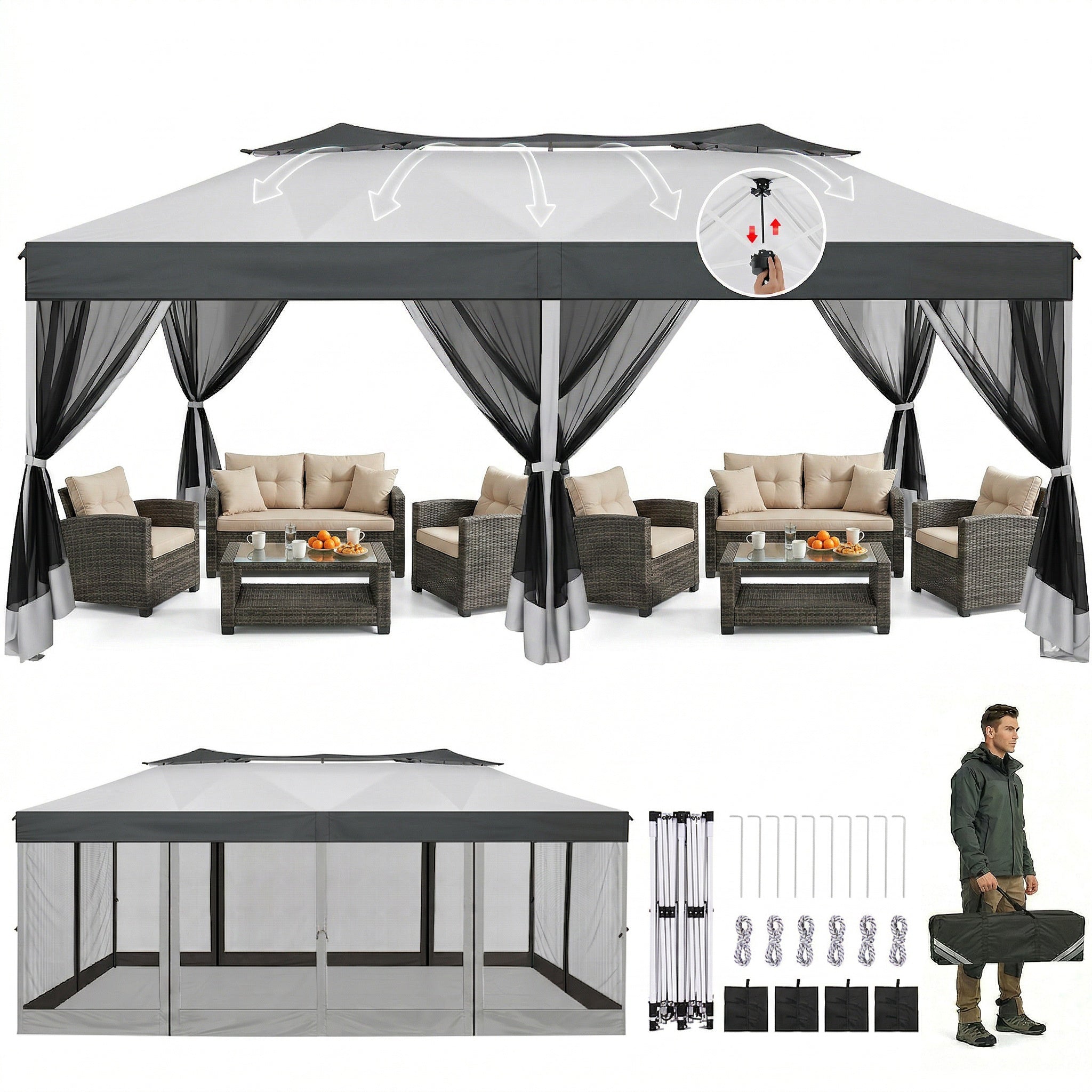 HOTEEL 10x20 Gazebo Canopy Tent with 6 Netting Sidewalls,Pop up Canopy for Parties Wedding,Commercial Easy up Gazebo with Sandbags,UV 50+