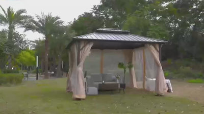 COBIZI 10'x15'  Heavy Duty Hard Top Gazebo with Curtains & Netting, Brown SPC274
