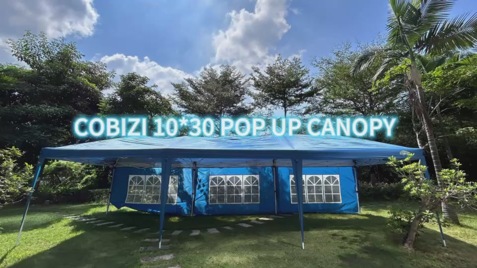 Load video: COBIZI 10'x30' Pop up Canopy with 6 Sidewalls &amp; Carry Bag, Black SPC204