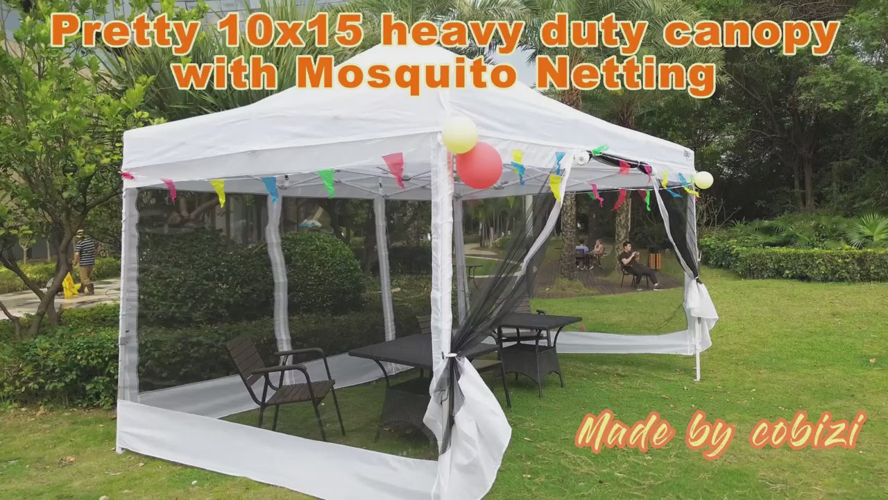 Video laden: COBIZI 10'x15' Heavy Duty Canopy Tent, Pop up Gazebo with Netting Screened ,Waterproof Ez up Canopy with Sidewalls, Outdoor Instant Party Tent for Backyard,Gray