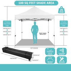 COBIZI 10x10ft Pop Up Canopy, One Push Tent Canopy w/Button Push, Straight Legs, Wheeled Carry Case, 8 Stakes - White